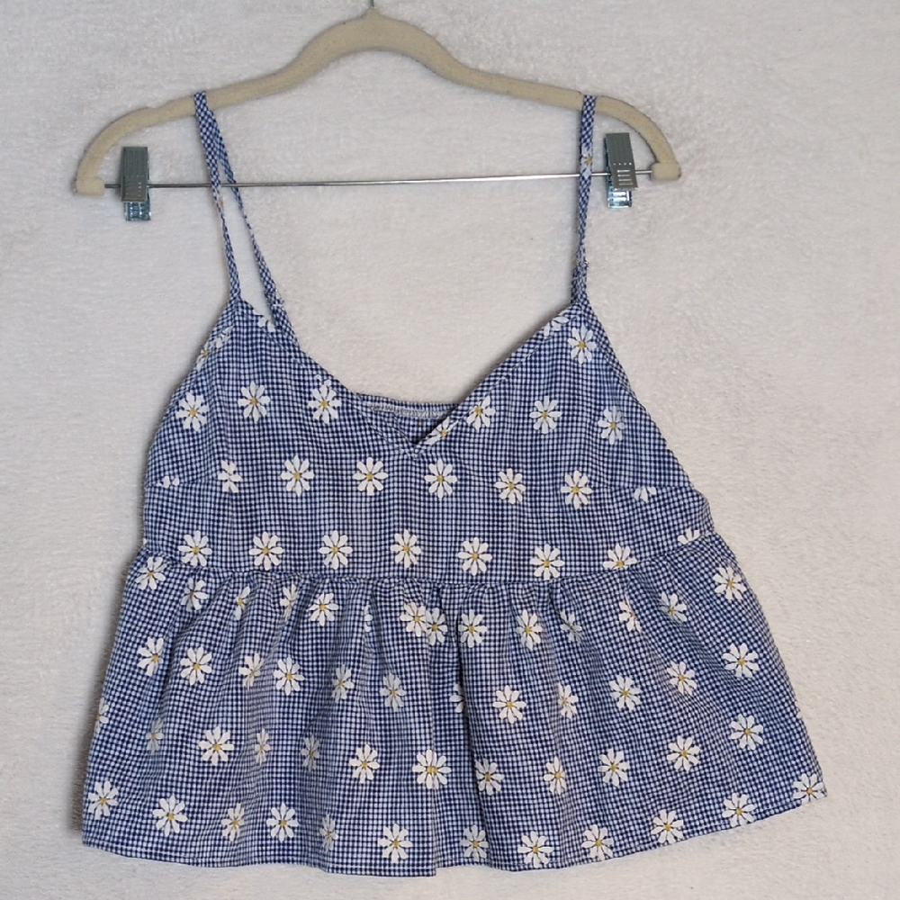 SHEIN Women's Gingham Farmhouse Daisy Peplum‎ Cropped Top Size M